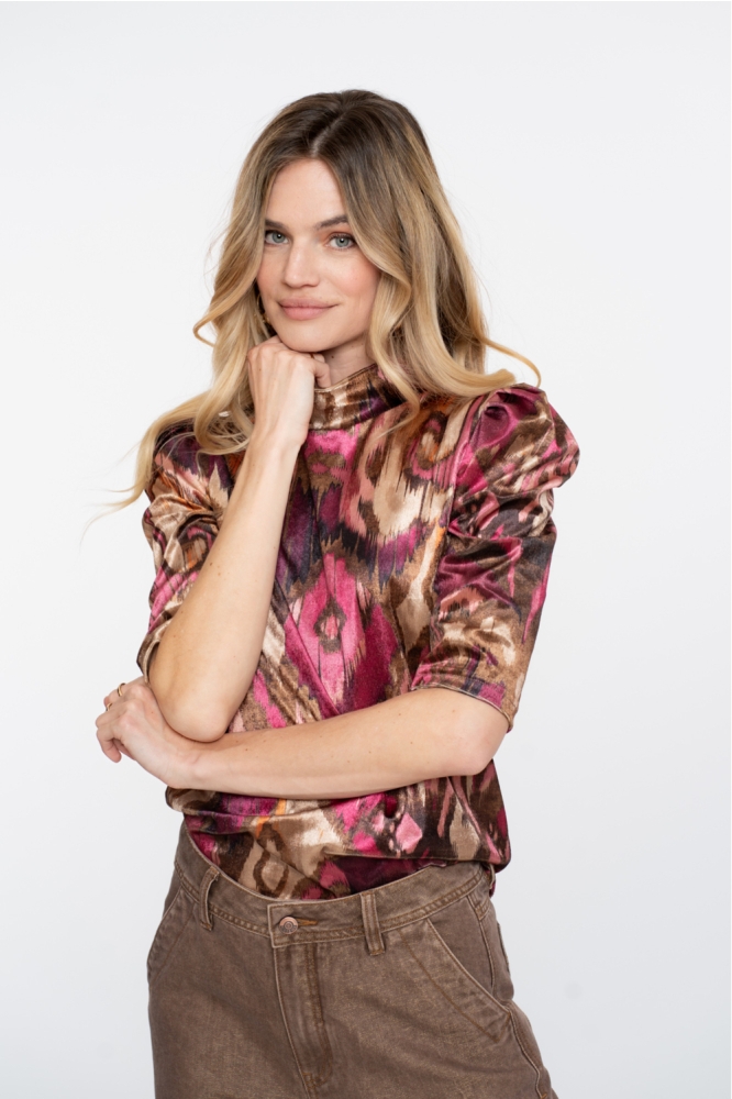 TOP MET PLOOIMOUWEN EN PRINT 53651 20 CAMEL/PINK